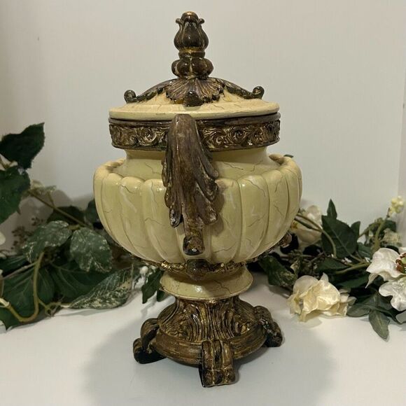 Antique Look Roman Greek Urn Planter Vase 9"x 11" Cream & Bronze Ornate With Lid - Picture 4 of 14